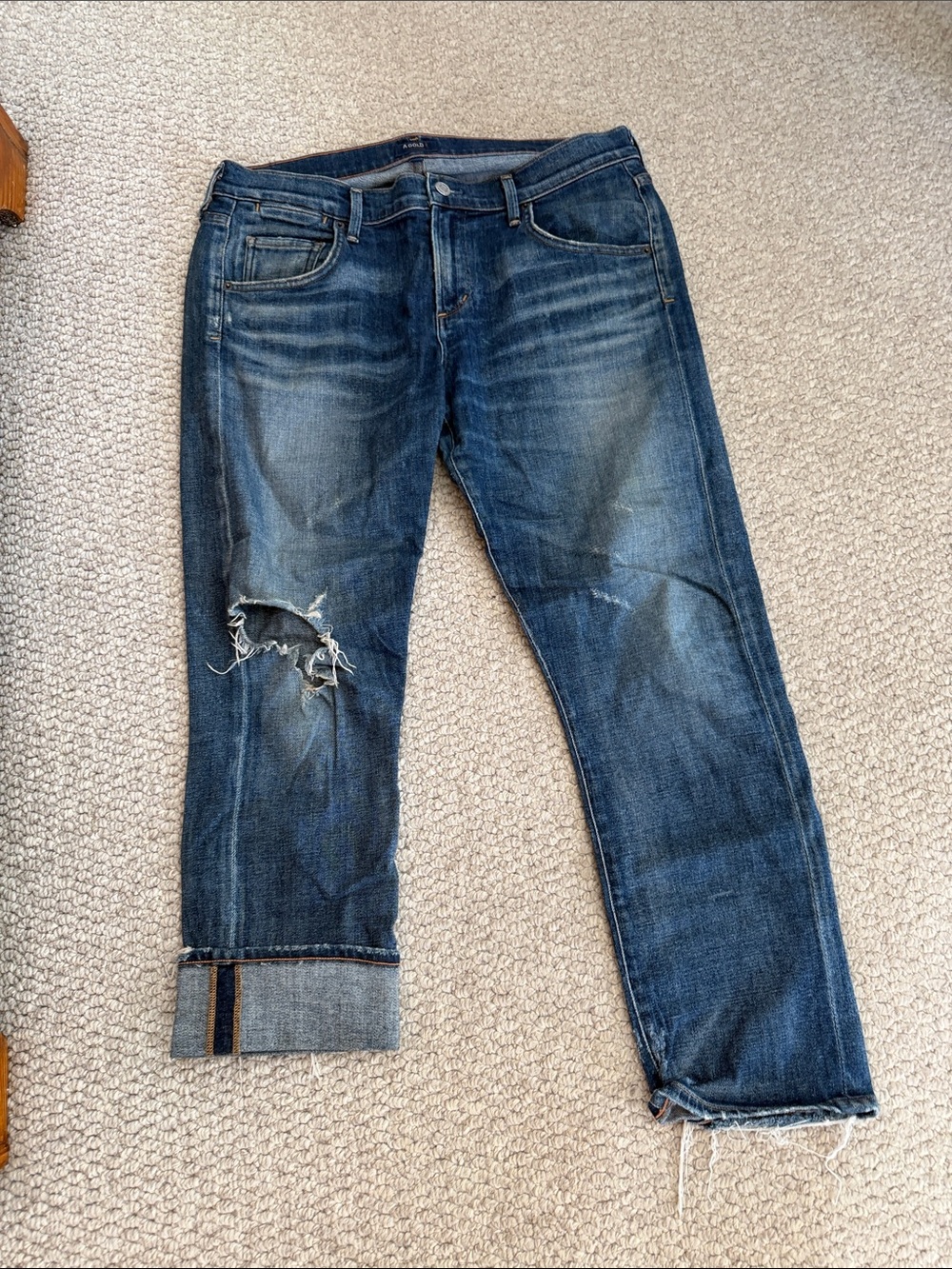Agolde Dark Blue Distressed Slim Straight Jeans